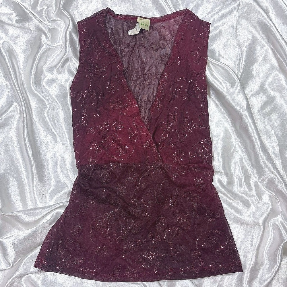 y2k glitter wrap top burgundy mesh sleeveless v-neck tie back kiwi